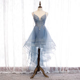 Cute v neck lace short prom dress high low evening dress HZ1023