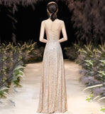 Shiny v neck sequins long prom dress evening dress HZ1023