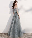 Shiny tulle long prom dress with sequins gray evening dress HZ1023