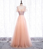 Pink tulle sequins long prom dress HZ1023