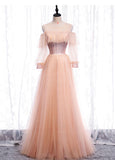 Pink tulle sequins long prom dress HZ1023