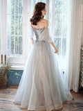 Gray tulle beads prom dress evening dress HZ1023