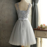 Gray lace short A line prom dress homecoming dress HZ1023