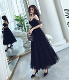 Black tulle tea length prom dress HZ1023