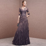 Gray purple elegant long sleeve lace long tulle ball gown evening dress HZ1023