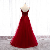 Burgundy tulle lace long prom dress HZ1023