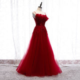 Burgundy tulle lace long prom dress HZ1023
