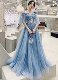 Blue tulle sequins long prom dress evening dress HZ1023