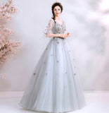 Gray tulle applique long prom dress evening gown HZ1023