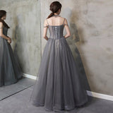 Gray tulle beads long prom gown A line evening gown HZ1023