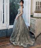 Gray tulle sequins long prom dress evening gown HZ1023