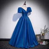 Blue saitn long prom dress A line evening gown HZ1023