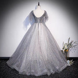 Gray tulle sequins long prom dress A line evening gown HZ1023