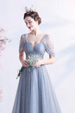 Gray tulle long A line prom dress gray evening dress HZ1023
