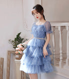 Blue tulle short A line prom dress homecoming dress HZ1023