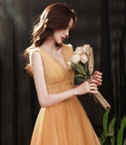 Yellow tulle short A line prom dress yellow evening dress HZ1023