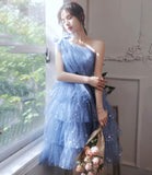 Blue tulle short prom dress one shoulder evening dress HZ1023