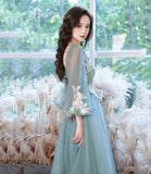 Blue tulle lace long prom gown evening gown HZ1023