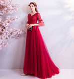 Red v neck lace long prom dress A line evening gown HZ1023
