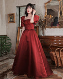 Burgundy satin long A line prom dress homecoming dress HZ1023