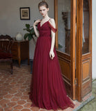 Burgundy tulle long prom dress simple evening gown HZ1023
