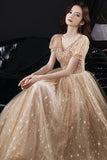 Gold tulle beads long A line prom dress evening dress HZ1023