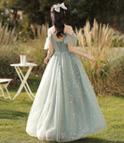 Green tulle long A line prom dress bridesmaid dress HZ1023