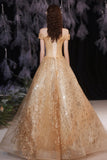 Gold tulle sequins long A line prom dress evening dress HZ1023