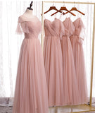 Pink Elegant A-line Tulle Long Ball Gown Evening Gown Bridesmaid Dress HZ1023
