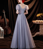 Gray tulle sequins long A line prom dress evening dress HZ1023