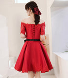 Red satin lace short prom dress red homecoming dress HZ1023