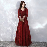 Burgundy lace long sleeve prom dress evening dress HZ1023