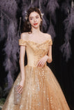 Gold tulle sequins long A line prom dress evening dress HZ1023