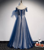 Shiny tulle sequins long prom dress blue evening dress HZ1023