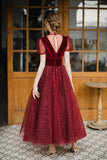 Burgundy tulle short prom dress A line evening dress HZ1023