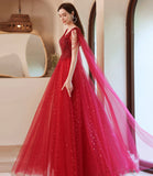 Red tulle beads long A line prom dress evening dress HZ1023
