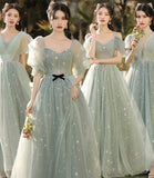 Green tulle long A line prom dress bridesmaid dress HZ1023