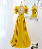 Yellow satin long A line prom dress evening dress HZ1023