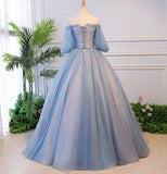 Blue tulle lace long ball gown dress formal dress HZ1023