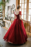 Burgundy Sparkling Beaded A-line Long Tulle Elegant Ball Gown Evening Dress HZ1023