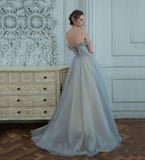 Grey tulle beads long prom dress evening dress HZ1023