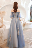 Blue lace long A line prom dress blue evening dress HZ1023