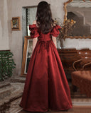 Burgundy satin long A line prom dress homecoming dress HZ1023