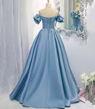 Shiny satin long A line prom dress blue evening dress HZ1023
