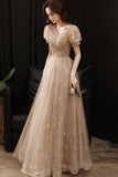 Gold tulle beads long A line prom dress evening dress HZ1023
