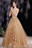 Gold tulle sequins long A line prom dress evening dress HZ1023