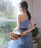 Blue tulle short prom dress one shoulder evening dress HZ1023