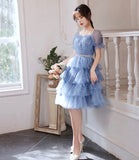 Blue tulle short A line prom dress homecoming dress HZ1023