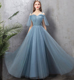 Blue tulle long prom dress A line evening dress HZ1023