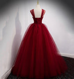 Burgundy tulle long ball gown dress evening dress HZ1023